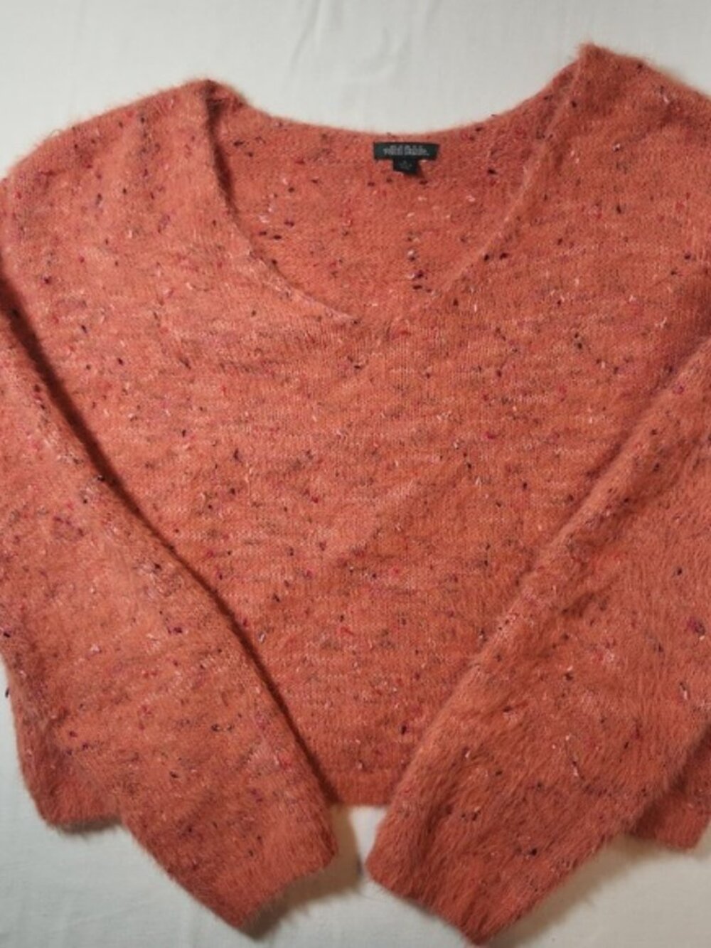 Wild Fable Coral‎ Orange Fuzzy Confetti Knit V-Neck Cropped Sweater Medium